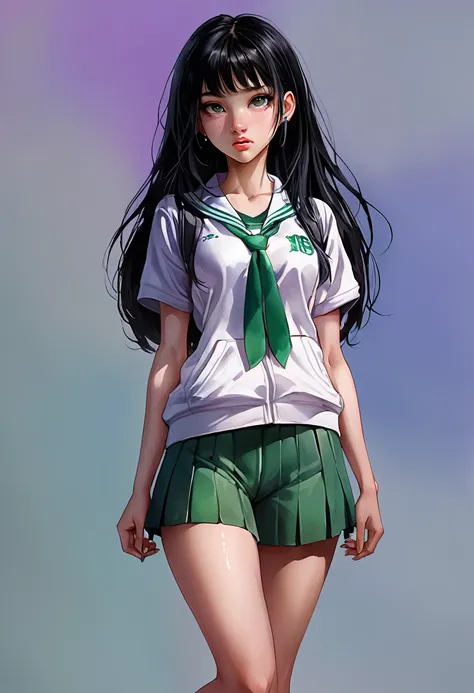 Green Screen,Plain background,High School Uniform:2,Fantasy digital watercolor painting,One girl,sneakers,XG,Standing pose,whole body,Black Hair,eyelash,eye shadow,Nose Piercing,Lip Piercing,anime,high school student,Asian Girl,Staring at the audience,In-p...