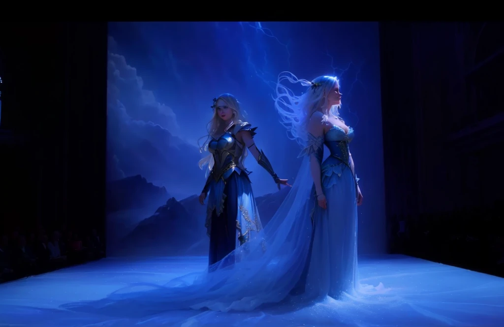 There are two people on stage in costumes inspired by Cynthia Shepherd (Cynthia Sheppard), An ethereal still painting, Fantasy Stills, Beautiful fairy tale, Margot Robbie as a fairy, Sea、At lightning speed、Waves