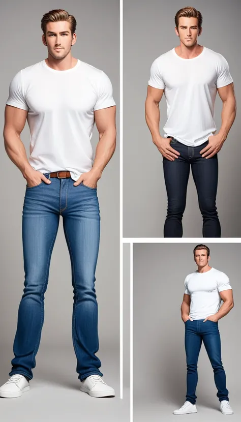 a man in a white t - shirt and jeans stands in front of a gray background, wearing a shirt and a jean, casual clothing, jeans and t shirt, wearing pants and a t-shirt, modern casual clothing, full body photo of steve, dressed in a white t shirt, mid-shot o...