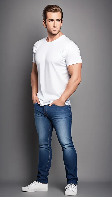 a man in a white t - shirt and jeans stands in front of a gray background, wearing a shirt and a jean, casual clothing, jeans and t shirt, wearing pants and a t-shirt, modern casual clothing, full body photo of steve, dressed in a white t shirt, mid-shot o...