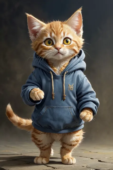  small, かわいいbornき物, Wearing a hoodie, whole body, , Are standing, Costumes,  Fantasy art, Exquisite detail, Jean-Baptiste Monge Style, Alan Lee Style, Anthropomorphic yellow-eyed tabby furry kitten, Movie Scenes, Dramatic shot angles, , Realistic, born々Ama...