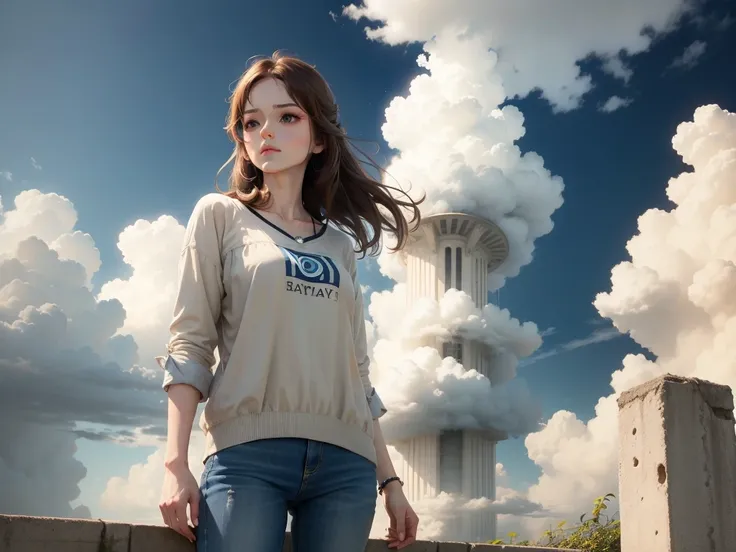 woman,brown hair,blue eyes,Wear casual clothes.,stand and watch,morning sky background,Cloudy,bright