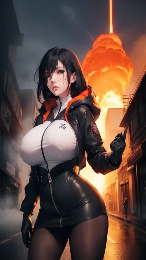  Silent hill city, fog, ((huge boobs)), ((huge hips)), darkness woman black hair, full zip coat black, long polo shirt, mini skirt, pantyhose, hood, gloves, fog, strong stance, boom, (nuclear explosive background), sweaty glow body, (((two hands closer:1.2...