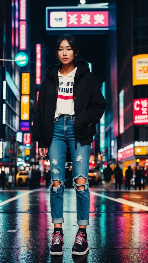 **Prompt for a Realistic Image: Girl in Street Casuals in Tokyo at Night**

Create an ultra-realistic, high-resolution image of a young woman wearing street casuals in the bustling city of Tokyo at night. The scene captures the vibrant energy and urban atm...