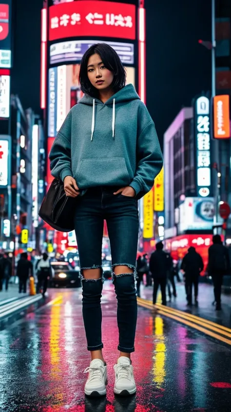 **Prompt for a Realistic Image: Girl in Street Casuals in Tokyo at Night**

Create an ultra-realistic, high-resolution image of a young woman wearing street casuals in the bustling city of Tokyo at night. The scene captures the vibrant energy and urban atm...