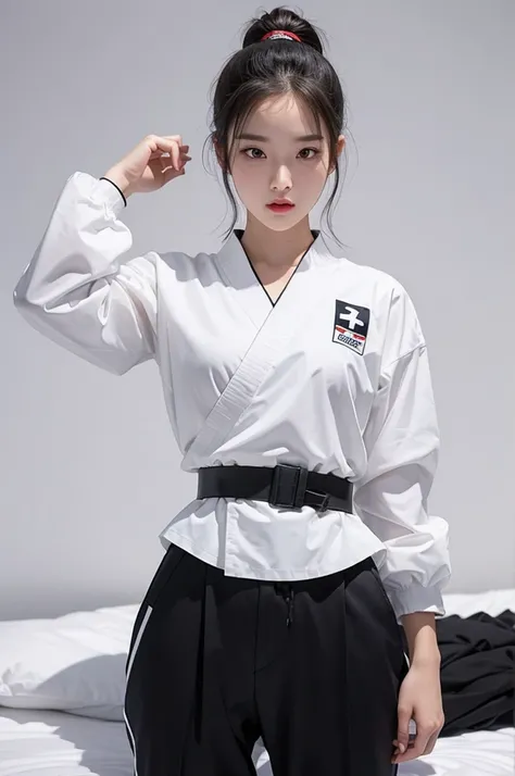 masterpiece, ultra details, best quality, 1 korean taekwondo girl, masterpiece, ultra details, best quality, black long straight hair, wearing sweaty white World Taekwondo Federation dobok uniform with black v-neck, wearing taekwondo blackbelt, wearing whi...