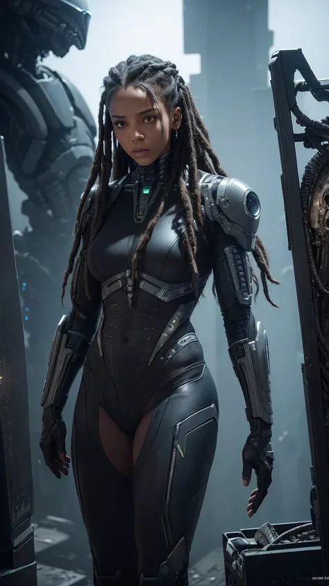 a woman with dreadlocks ain a scene from the film alien, movie still of a alien cyborg, frame from prometheus movie, hr giger. 8 k, eve online movie still, scene from prometheus movie, still frame from prometheus, biologic hr giger style, scene from the mo...