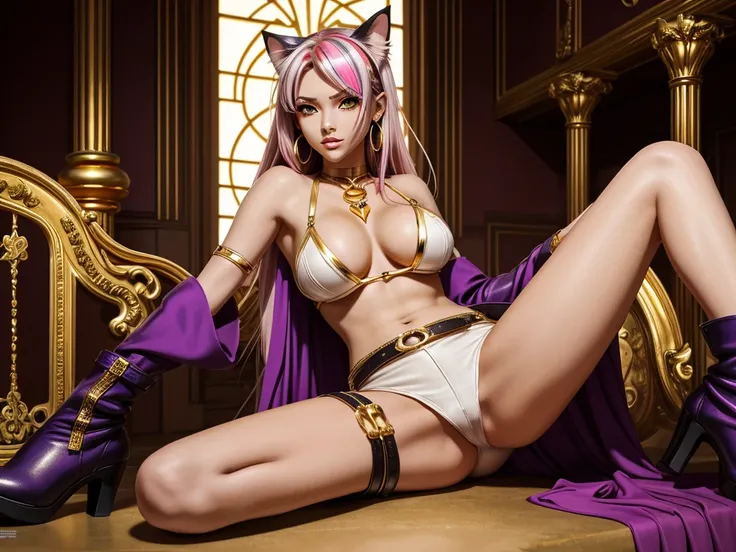 There is lost coliseum there female lionessin seductive pose, she have ebony colour skin beautiful yellow cat eyes dark gold eyeshadows make up, ring style earrings, her hair is purple with pink highlights . she dressed in white neather topic with golden p...