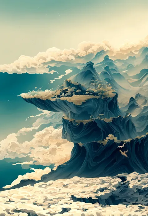 generate a scene with a cliff from bottom to top and a sea of clouds below