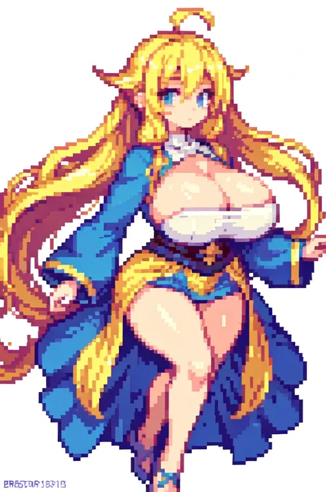 {{lift one leg}},{{muscular}},{{gigantic breasts}} ,{{very curvy}} ,priest, ,masterpiece , best quality , pixel art , 1 girl ,{full body},  voluptuous ,twintails,blonde hair ,white background