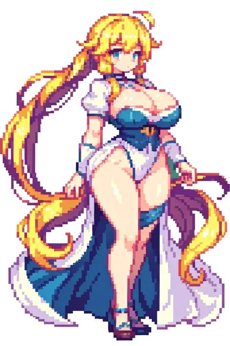 {{lift one leg}},{{muscular}},{{gigantic breasts}} ,{{very curvy}} ,priest, ,masterpiece , best quality , pixel art , 1 girl ,{full body},  voluptuous ,twintails,blonde hair ,white background