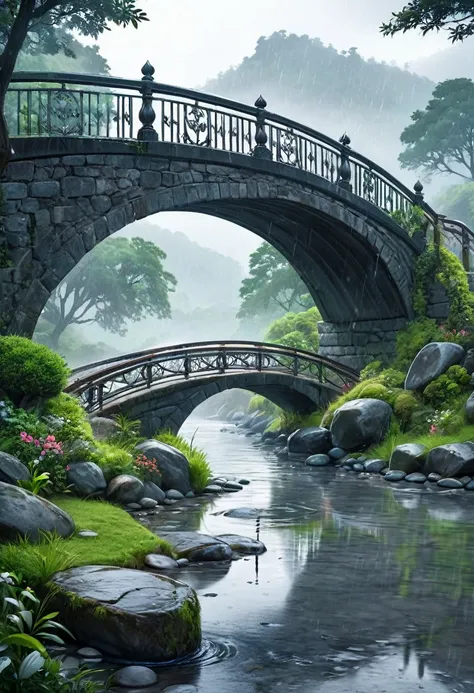 A touching scene on a picturesque bridge during a rainy day, The bridge, made of old stone with ornate railings, stretches over a calm river, with raindrops creating ripples on the waters surface. The background showcases a misty, lush landscape with trees...