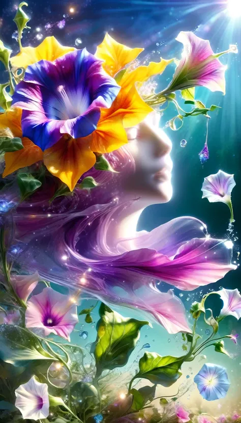 Made by AIS-RCN, 8K Photo, "words, Glass-coated morning glory flower, Glossy flowers, Jump out of the light, Transform your thoughts into delicate works of art.", Supple, Spotlight