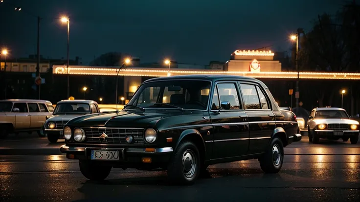 Soviet KGB car of the 70s, sedan, black GAZ 24, against the backdrop of evening Moscow