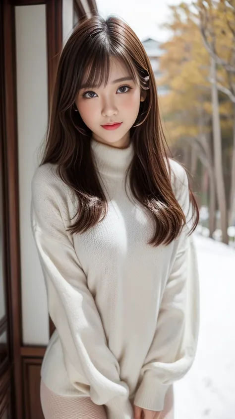 close-up of woman wearing white sweater and tights in the snow, thai girl, the most beautiful thai model, หญิงthai girlที่งดงาม,...