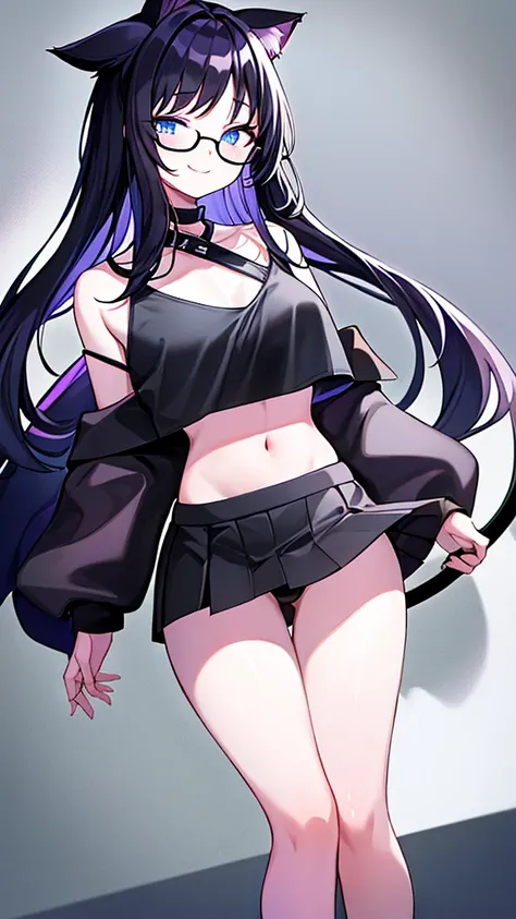 An 18-year-old cat girl with long black hair with purple ends, blue eyes, chest, and round-shaped glasses. (Black T shirt , black crop top shirt, Black off-the-shoulder shirt, Cat pattern in the middle of the shirt),school short black skirt, black panties,...