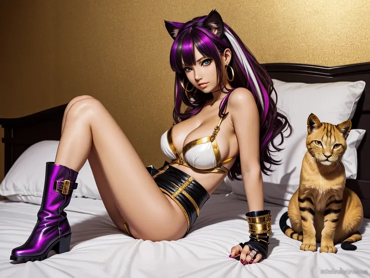 In the cosy bed there female lioness laying in seductive pose, she have ebony colour skin beautiful yellow cat eyes dark gold eyeshadows make up, ring style earrings, her hair is purple with pink highlights . she dressed in white neather topic with golden ...