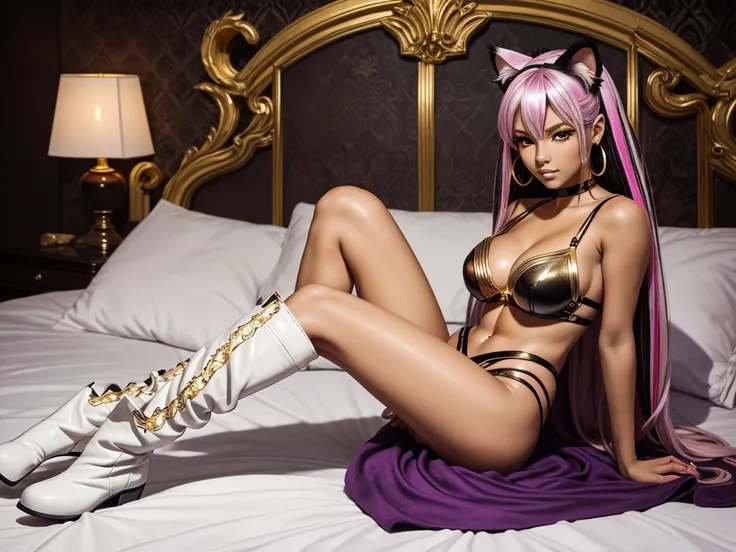 n the cosy bed there female lioness laying in seductive pose, she have ebony colour skin beautiful yellow cat eyes dark gold eyeshadows make up, ring style earrings, her hair is purple with pink highlights . she dressed in white neather topic with golden p...