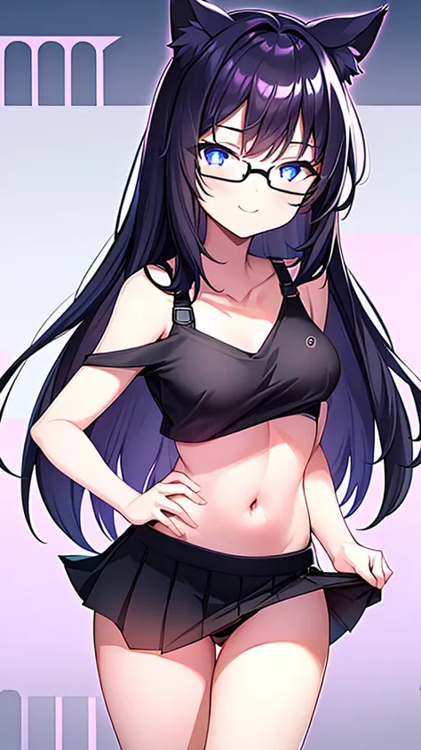 An 18-year-old cat girl with long black hair with purple ends, blue eyes, chest, and round-shaped glasses. (Black T shirt , black crop top shirt, Black off-the-shoulder shirt, Cat pattern in the middle of the shirt),school short black skirt, black panties,...