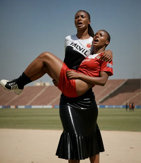 ugandan woman wearing very shiny plastic dress, Long shiny plastic skirt, Despair, unconscious, exhausted, powerlessness, man hangs limp and powerless with his head in the arms of the woman, screams of pain, shouting out in pain, shouting for aid, Dramatic...