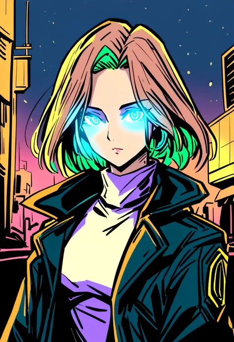 1 cyborg girl, glowing eyes, coat, turtle neck, solo, cyberpunk (color ink sketch John Berkeley)