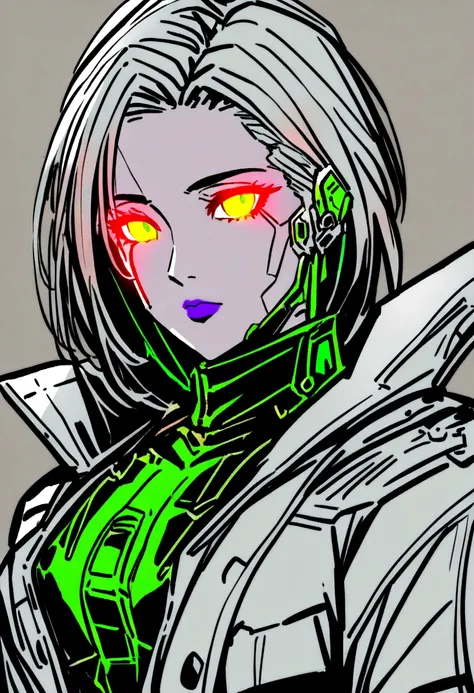 1 cyborg girl, glowing eyes, coat, turtle neck, solo, cyberpunk (color ink sketch John Berkeley)