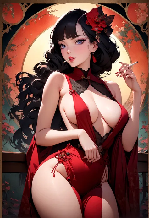 ((Masterpiece, top quality, high resolution)), ((highly detailed CG unified 8K wallpaper)), (huge stunning goddess shot, very hot and sexy, jaw-dropping beauty, perfect proportions, beautiful body, slim body beauty:1.1), ((Woman in Lace Long Cheongsam Dres...