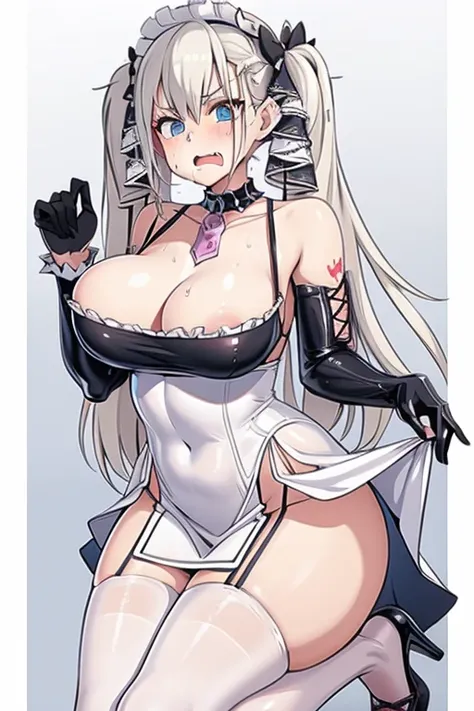 20 year old woman, big breasts, busty, bubble butt, hourglass figure, skinny, blushing, embarassed, shocked expression, horny, seductive, long hair, platinum hair, twintail hair, wearing maid dress, white stockings, black high heels, tight fitting clothing...