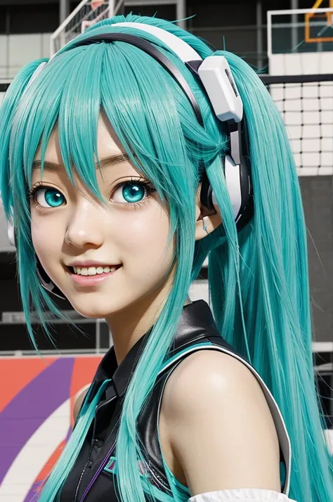 Hatsune Miku, Anime style, must look like from the an anime series, doing a dunk in the court*