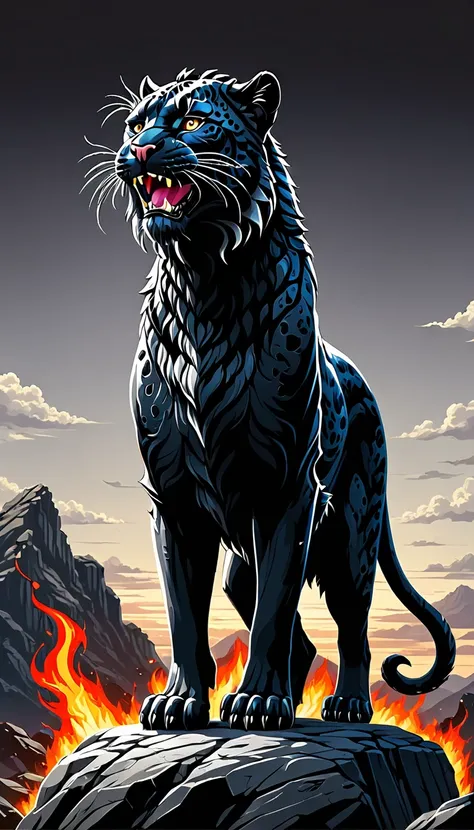 a black and white image of a panther standing on a rock with its mouth open, panther  icon, panther , the man riding is on the panther ,panther , third panther  head, black and white vector art, half panther , panther  head, panther  with crown, 2 d full b...