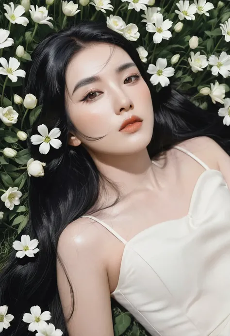 (oil painting:1.5), a woman with long black hair and white flowers in her hair is laying down in a field of white flowers, (amy sol:0.248), (stanley artgerm lau:0.106), (a detailed painting:0.353), (gothic art:0.106)