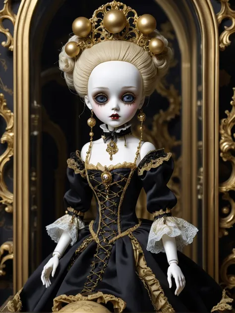 Luxury Style, Very detailed 8k 壁紙,masterpiece,Highest quality, a Ballâjointed Doll Marionette wearing gothic dress made of gold IS Tarmac, IS Tarmac, (((Ball Joint))),((Lifeless)),((inorganic)),One girl,Beautifully detailed glass eyes,Processed Hair,Gorg...