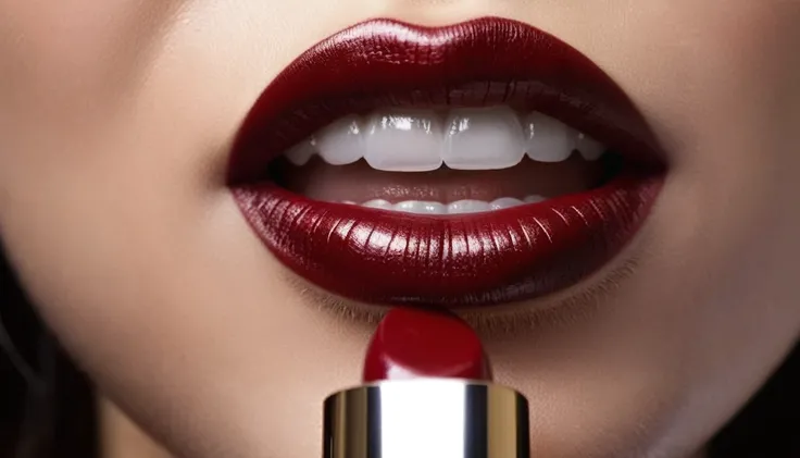 a gentle kiss, evil smiley mouth, Dark red lips, glossy lips, Woman mouth close up, Fashion lipstick, kiss icon, Girl cosmetics, from front
