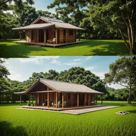 hyper realistic photo, a very simple wooden hut but, there is a front terrace complete with chairs and table, in the middle of a beautiful green rice field, with a backdrop of shady green trees right behind the house, soft afternoon lighting, shooting angl...