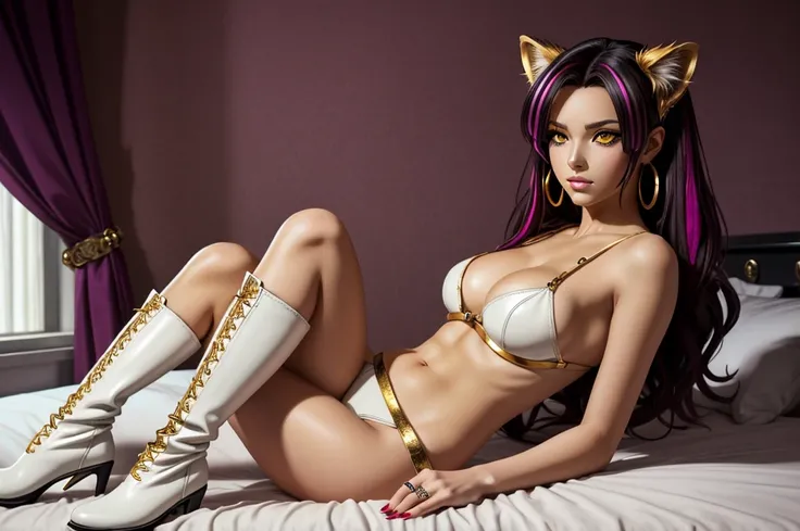 On the cosy bed there female lioness laying in seductive pose, she have ebony colour skin beautiful yellow cat eyes dark gold eyeshadows make up, ring style earrings, her hair is purple with pink highlights . she dressed in white neather topic with golden ...