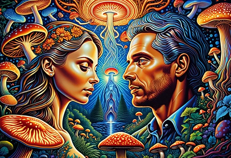 a painting of a woman and a man surrounded by mushrooms, psychedelic goddess and psychedelic god, dan mumford and alex grey style, psytrance artwork, alex grey and tim hildebrandt, dmt goddess, lsd god, hyper - detailed visionary art, dmt art, trippy art, ...