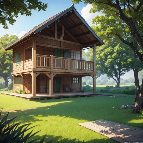 hyper realistic photo, a very simple wooden hut but, there is a front terrace complete with chairs and table, in the middle of a beautiful green rice field, with a backdrop of shady green trees right behind the house, soft afternoon lighting, shooting angl...