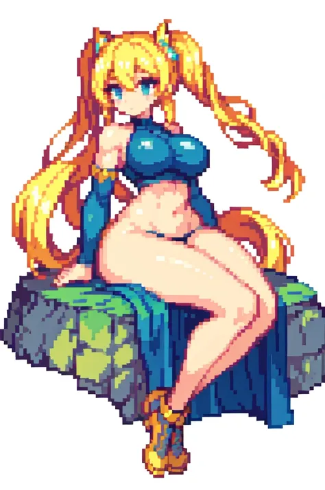 {{lift one leg}},{{muscular}},{{gigantic breasts}} ,{{very curvy}} ,queen, ,masterpiece , best quality , pixel art , 1 girl ,{full body},  voluptuous ,twintails,blonde hair ,white background