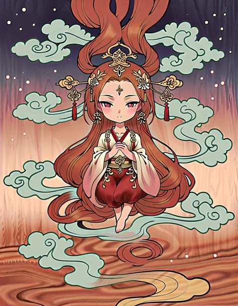 Dunhuang art style illustration,Tiny little monk sitting on the giant hand of Guanyin,Nestled in the rolling ripples,extremely delicate brushstrokes, Soft and smooth,Chinese Red and Indigo,The background is covered with auspicious cloud patterns painted wi...