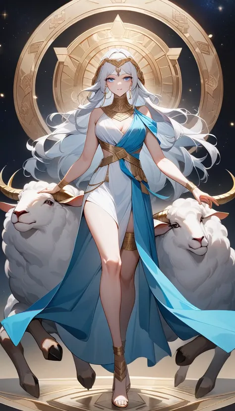 （Huang Li、high quality、Extremely detailed），Zodiac sign- Aries goddess，Giant white sheep，Woman stroking Aries，Similar to Latin goodness，brave，capricious，Productivity，The face of enterprising and humanitarianism，White long hair，Ancient Greek costumes、Wrap Dr...