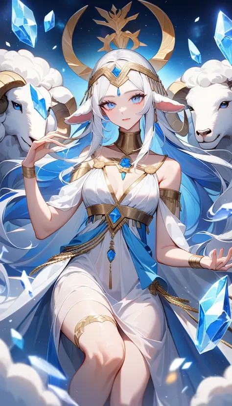 （Huang Li、high quality、Extremely detailed），Zodiac sign- Aries goddess，Giant white sheep，Woman stroking Aries，Similar to Latin goodness，brave，capricious，Productivity，The face of enterprising and humanitarianism，White long hair，Ancient Greek costumes、Wrap Dr...