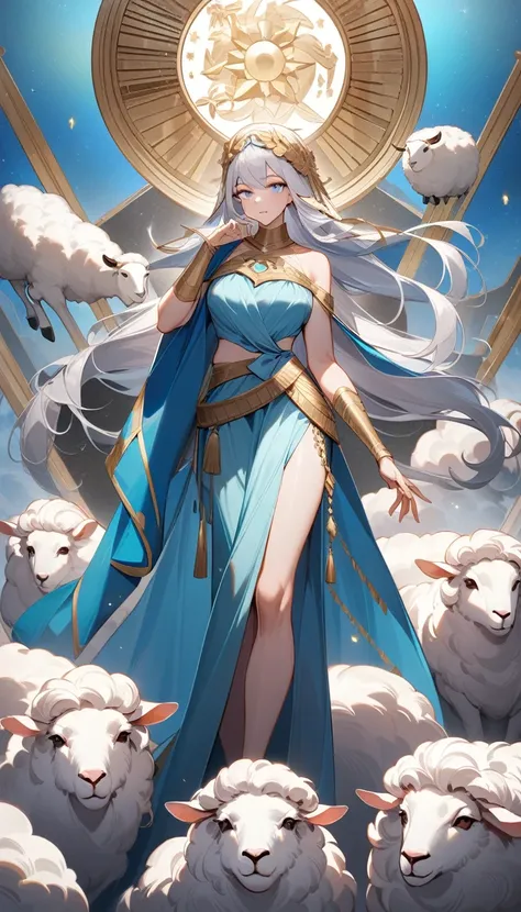 （Huang Li、high quality、Extremely detailed），Zodiac sign- Aries goddess，Giant white sheep，Woman stroking Aries，Similar to Latin goodness，brave，capricious，Productivity，The face of enterprising and humanitarianism，White long hair，Ancient Greek costumes、Wrap Dr...