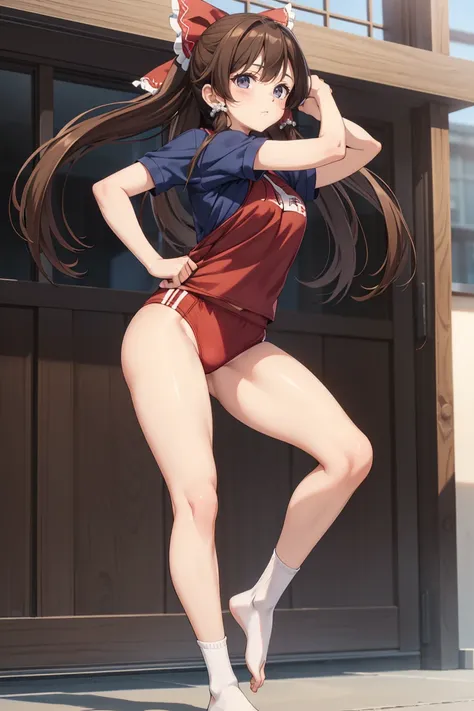 Reimu Hakurei, (Brown eyes:1.5), Brown Hair, bow, hair bow, Hair Tube, Long Hair, red bow, Side Lock, (((Slender body)))、(Navy blue cuffs and white short-sleeved gym uniform)、(Navy Blue Bloomers)、(
barefoot)、Navy blue socks、sports boots、Ground、Schoolyard、S...