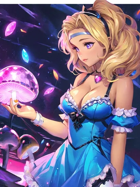 a beautiful 20 year old blonde woman with big messy hair in a blue dress, white stockings, black headband, cleavage, holding a glowing mushroom, fantasy art style, rossdraws cartoon vibrant, alice in wonderland cyberpunk, cute detailed digital art, colorfu...