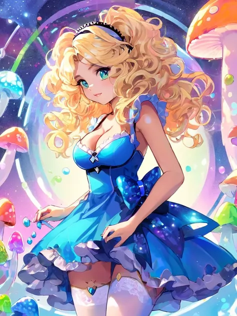 a beautiful 20 year old blonde woman with big messy hair in a blue dress, white stockings, black headband, cleavage, holding a glowing mushroom, fantasy art style, rossdraws cartoon vibrant, alice in wonderland cyberpunk, cute detailed digital art, colorfu...