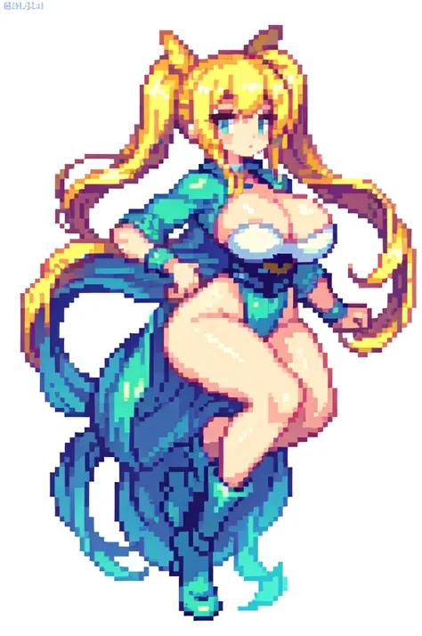 {{lift one leg}},{{muscular}},{{gigantic breasts}} ,{{very curvy}}  ,masterpiece , best quality , pixel art , 1 girl ,{full body},  voluptuous ,twintails,blonde hair ,white background