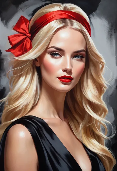 A stunning, unique portrait of a woman with flowing blonde hair, adorned with a vibrant red headband and dressed in a sleek black gown. The image is rendered in a bold, modern style with sharp lines and vibrant colors.