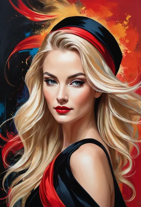 A stunning, unique portrait of a woman with flowing blonde hair, adorned with a vibrant red headband and dressed in a sleek black gown. The image is rendered in a bold, modern style with sharp lines and vibrant colors.