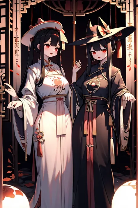 double girl，axisymmetric，two girls，，very high hat，chinese style，the girl in black and the girl in white stand together，dark styl...