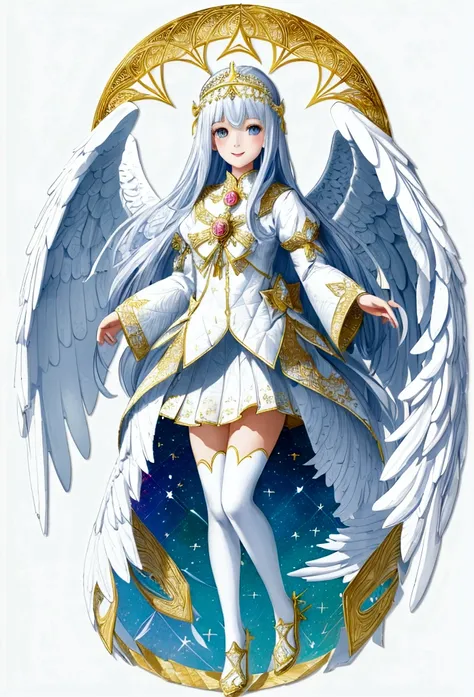 (Full Body Shot:1.4),  White Background, (1 Angel Girl,Shining Wings, Hello, Beautiful headdress, smile), (Paper Art, Quilted Paper Art, geometry), Very colorful